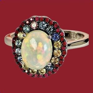 925 Sterling Silver Ring Sz 6.75 with Natural White Opal 10x7mm & Sapphire Gem